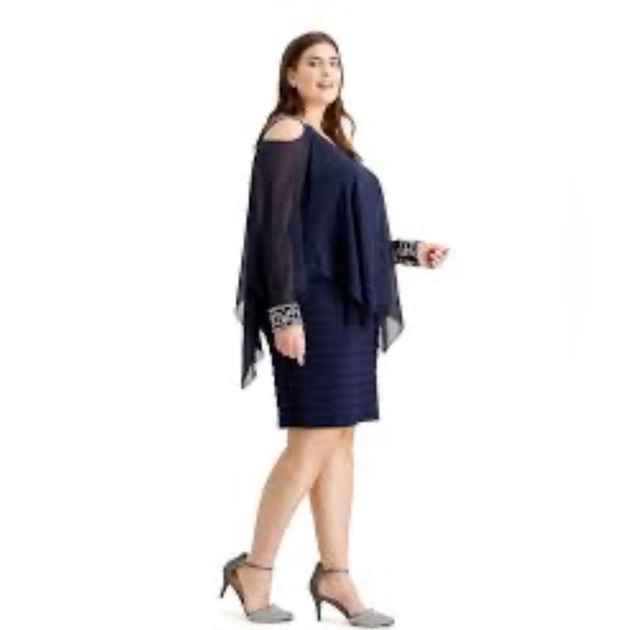 Betsy & Adams Elegant Navy Silver Cold Shoulder Drop Waist Dress Plus Sizes, NEW - Picture 2 of 14